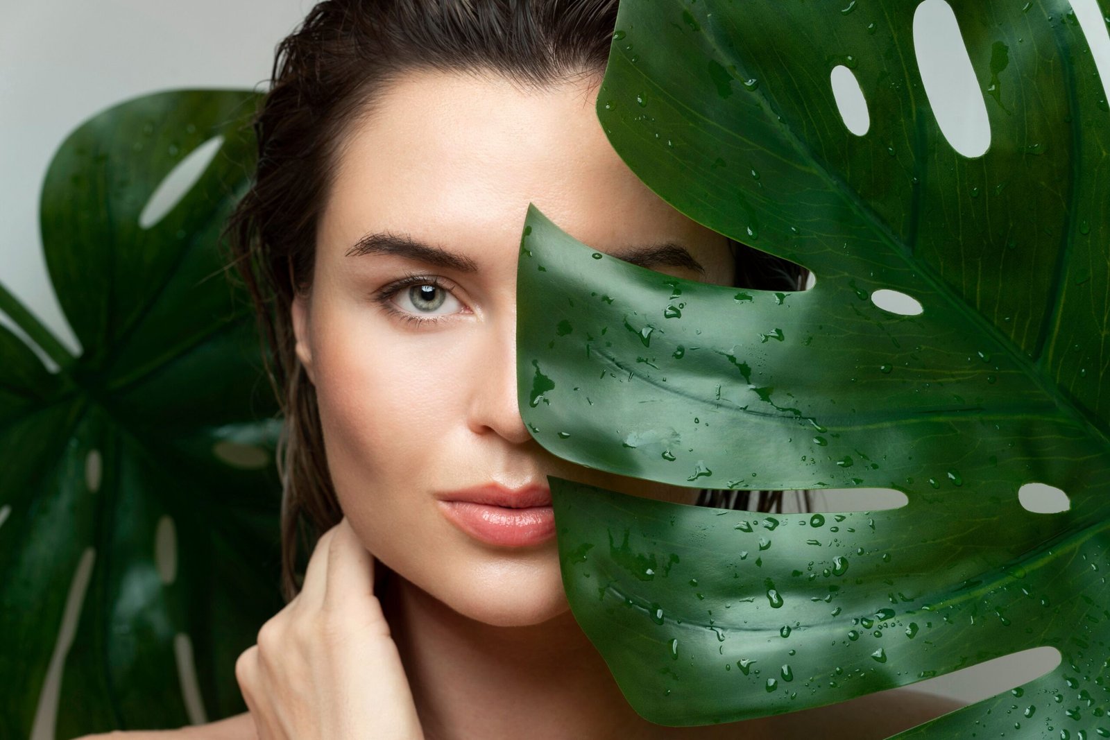 Clear, hydrated skin beside a large green monstera leaf